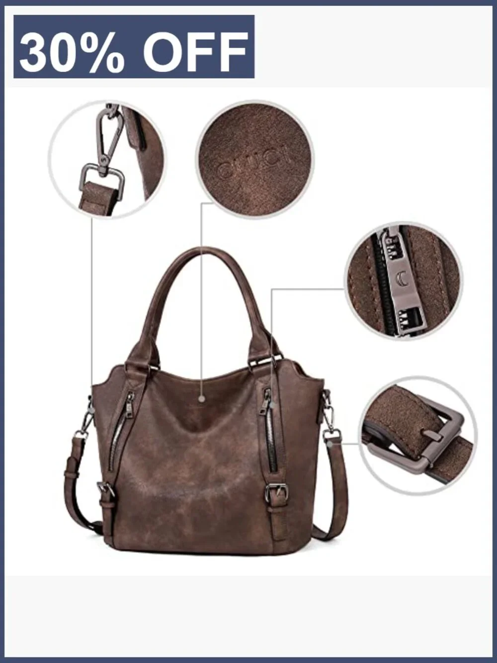 Large Hobo Bag with Multiple Pockets, Vegan Leather, Adjustable Strap